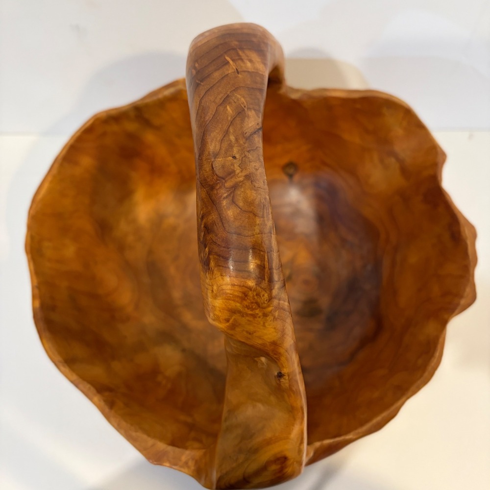 Hand Carved Root Wood Basket Brown Live Edge Rustic Decorative Bowl Handle - Picture 11 of 11